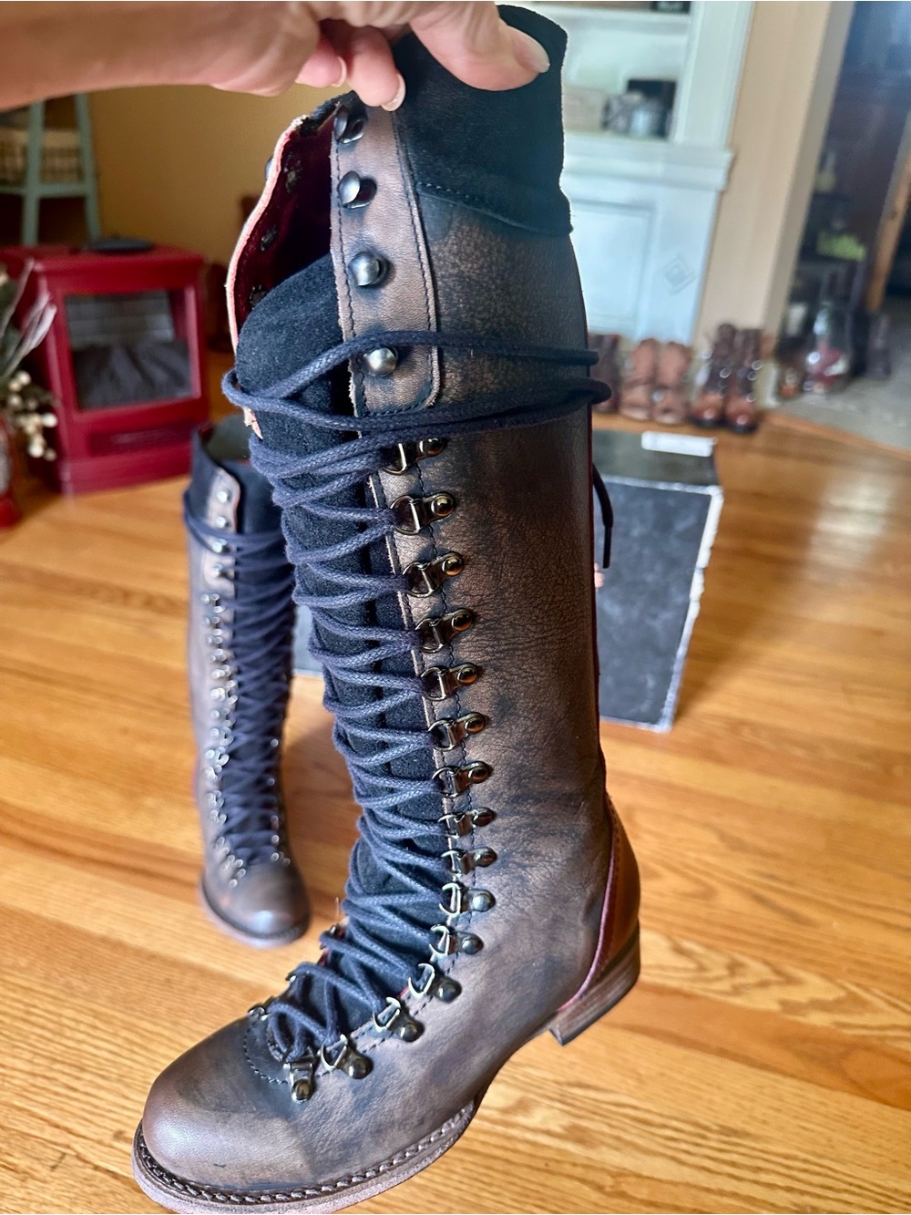 freebird Tall Lace-Up Leather Boots in Dark Brown and Black